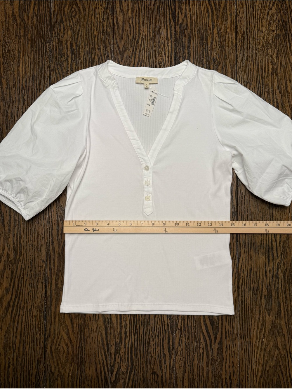Madewell White Puff Sleeve Henley Size S, NWT Pima Cotton, Retails $68 - Picture 6 of 8